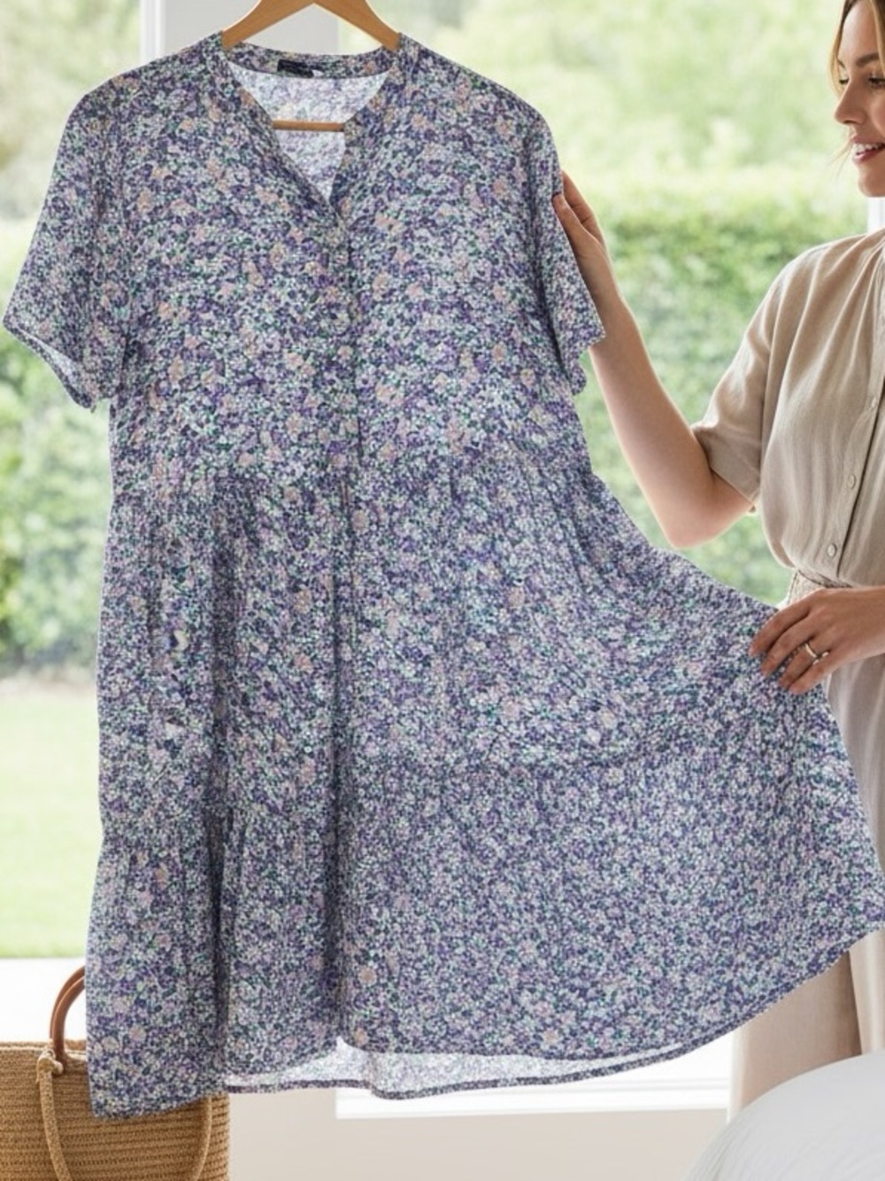 PIgalle Floral Button-Front Tiered Dress in Lavender Mix